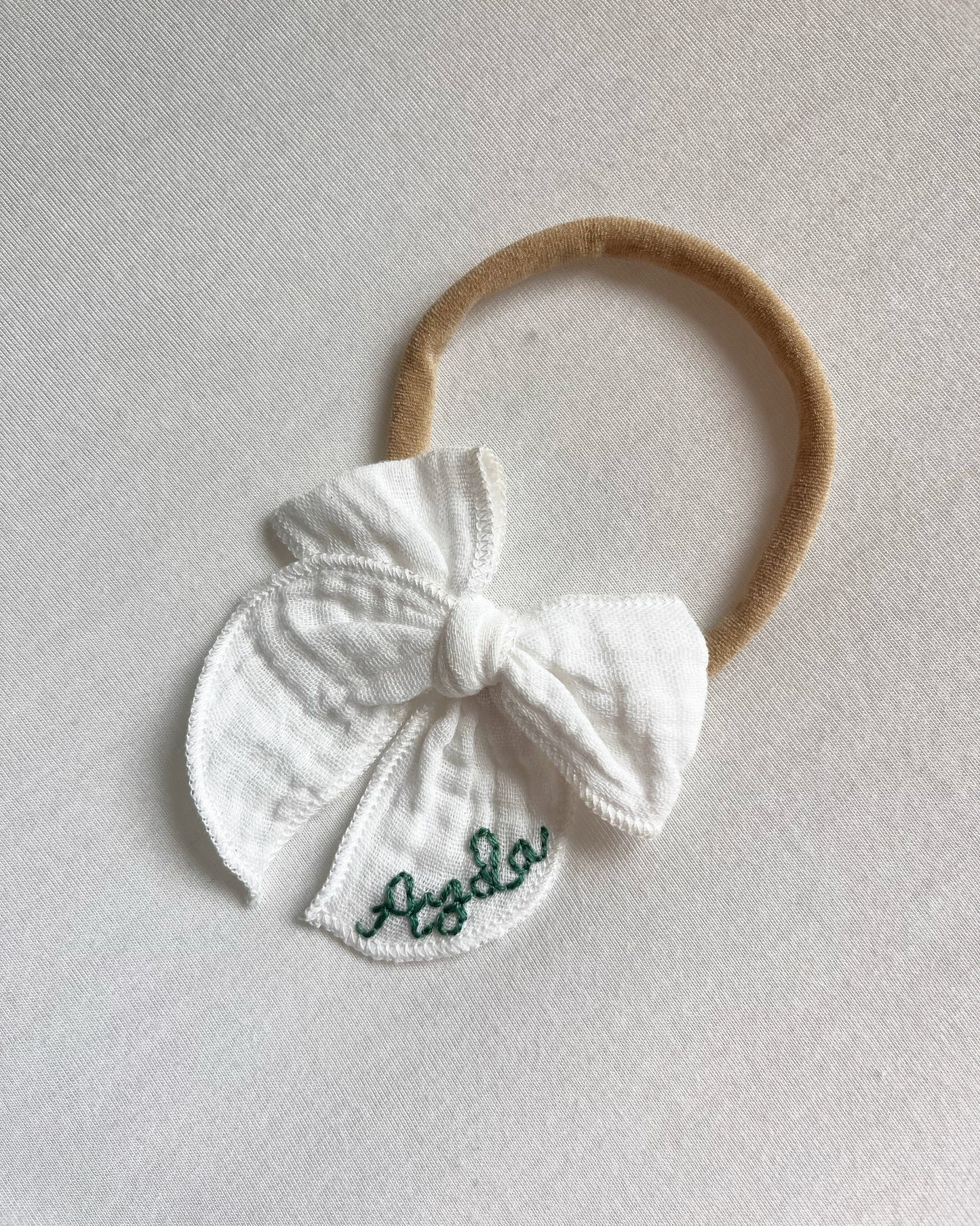 Personalized Gauze Fable Bows on Nude Nylon